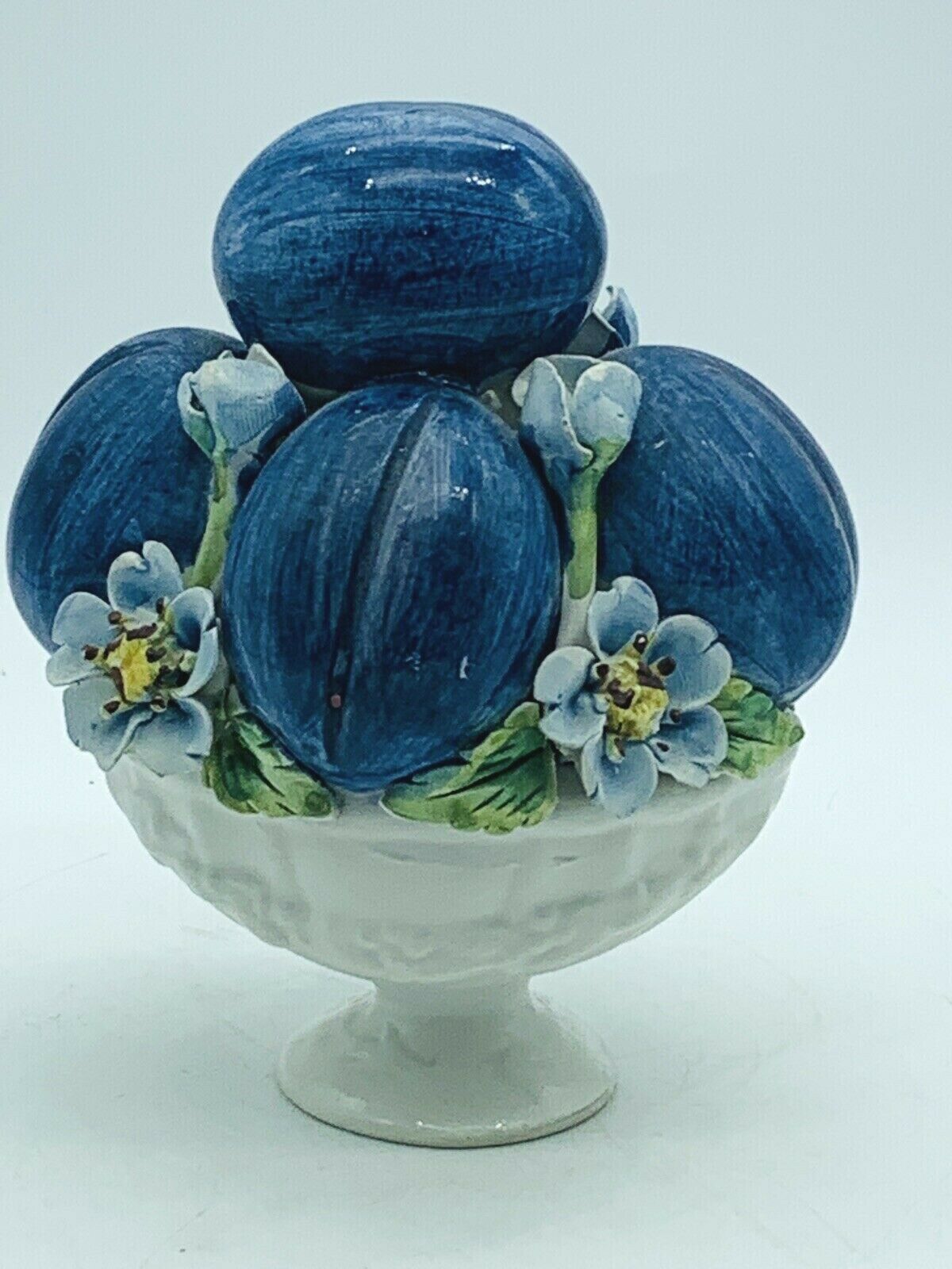 Vintage Capodimonte Compote Topiary Blue Plums Forget Me Not Flowers Swag 6" H