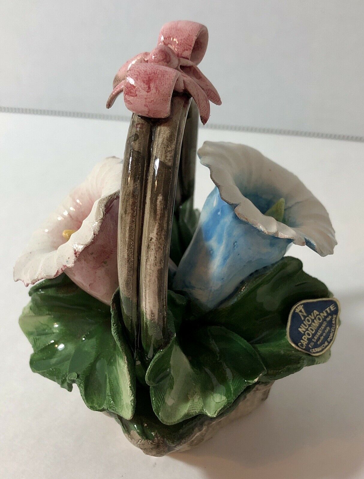 Vtg Capodimonte Flower Basket Handle W/bow Centerpiece Colorful Pink Blue Marked