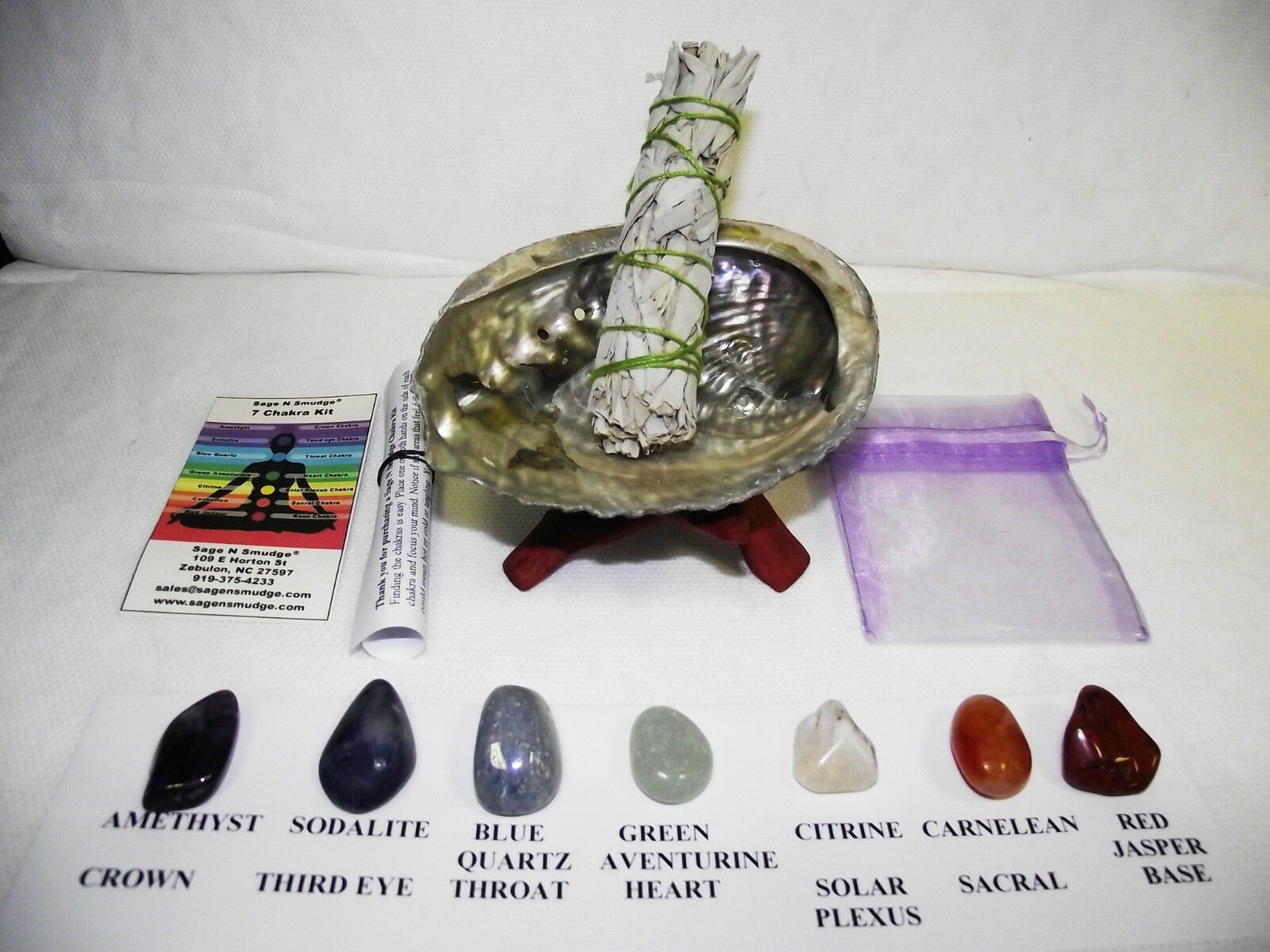 Smudge Kit Chakra Kit With Abalone Shell Stand Sage And 7 Chakra Crystals
