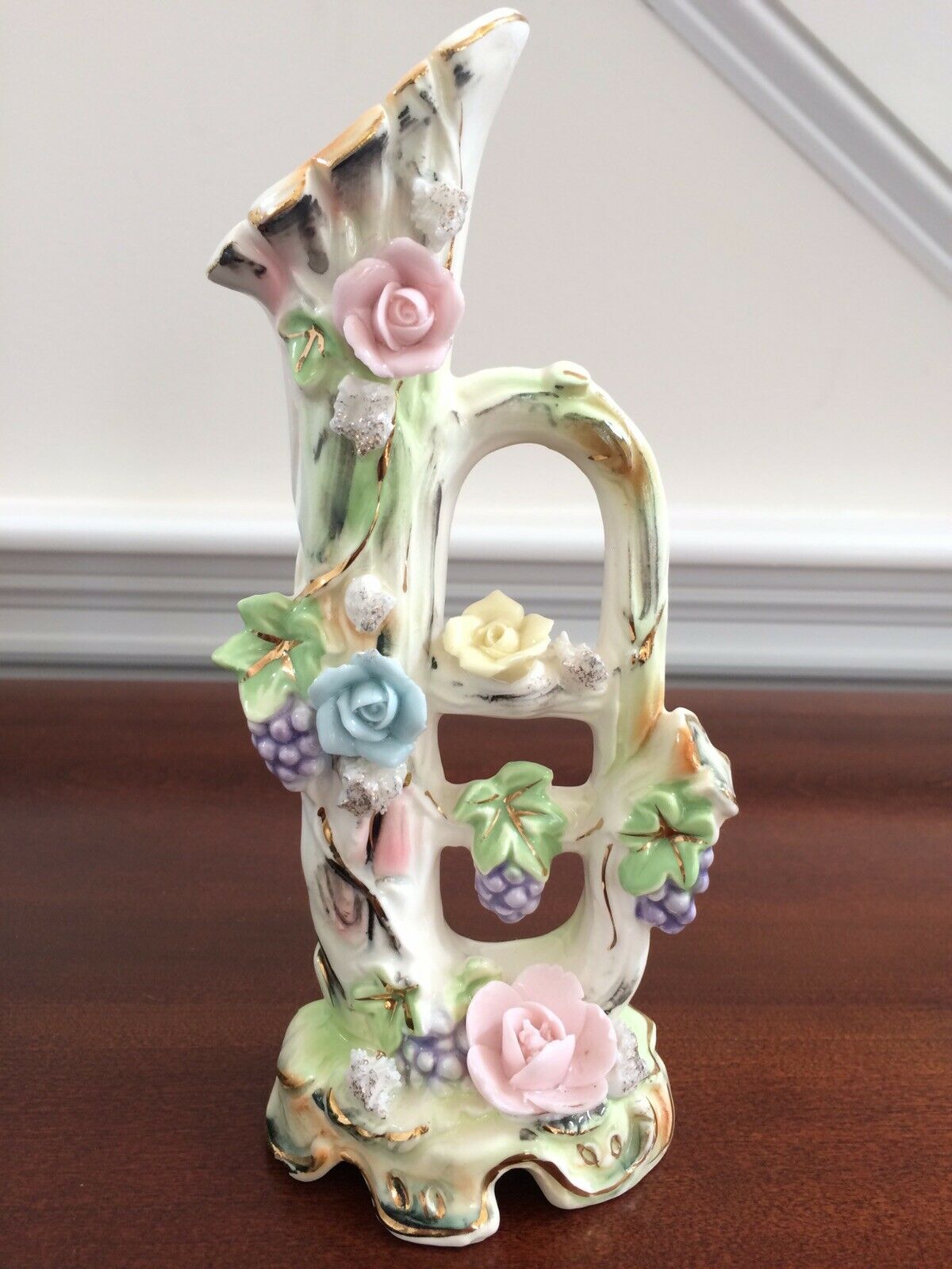 Vtg Hand Painted Porcelain Ceramic Trumpet Floral Rose Grapes Vase Figurine 8.5”