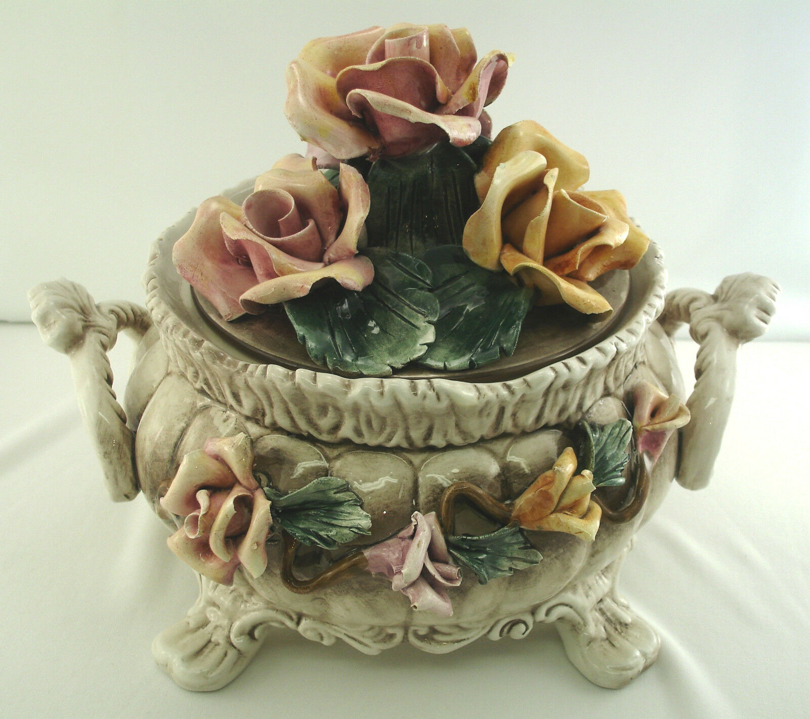Capodimonte Pink & Yellow Roses - Porcelain Tureen / Centerpiece Bowl W/ Lid