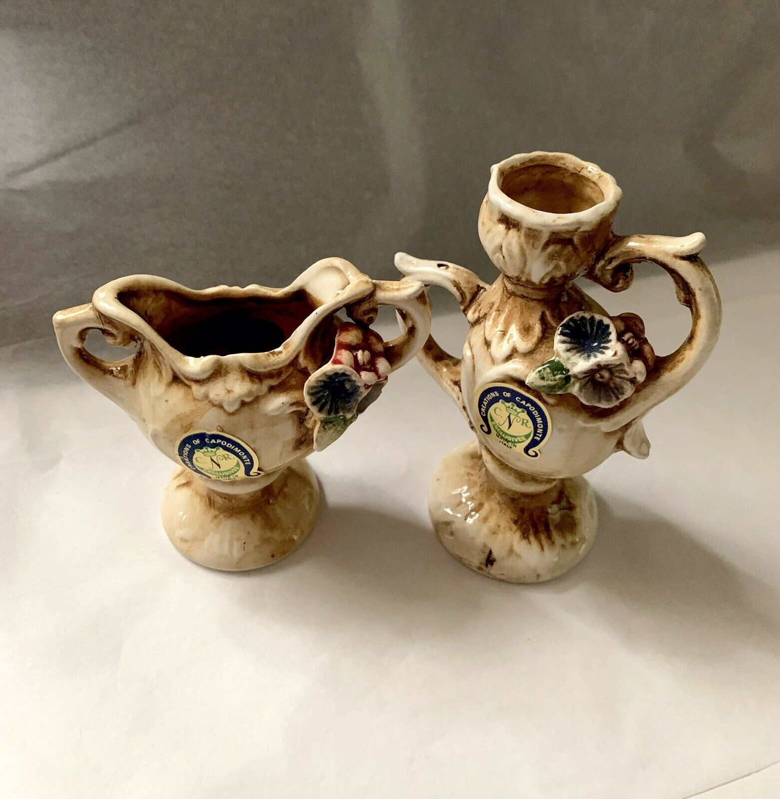 Pair Of Capodimonte Candlestick And Vase Set Petite  4.5” Adorable!